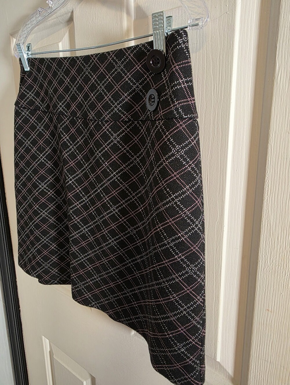New York & Company Stretch Black Plaid  Mini Skirt with Pink Accents Size Medium
